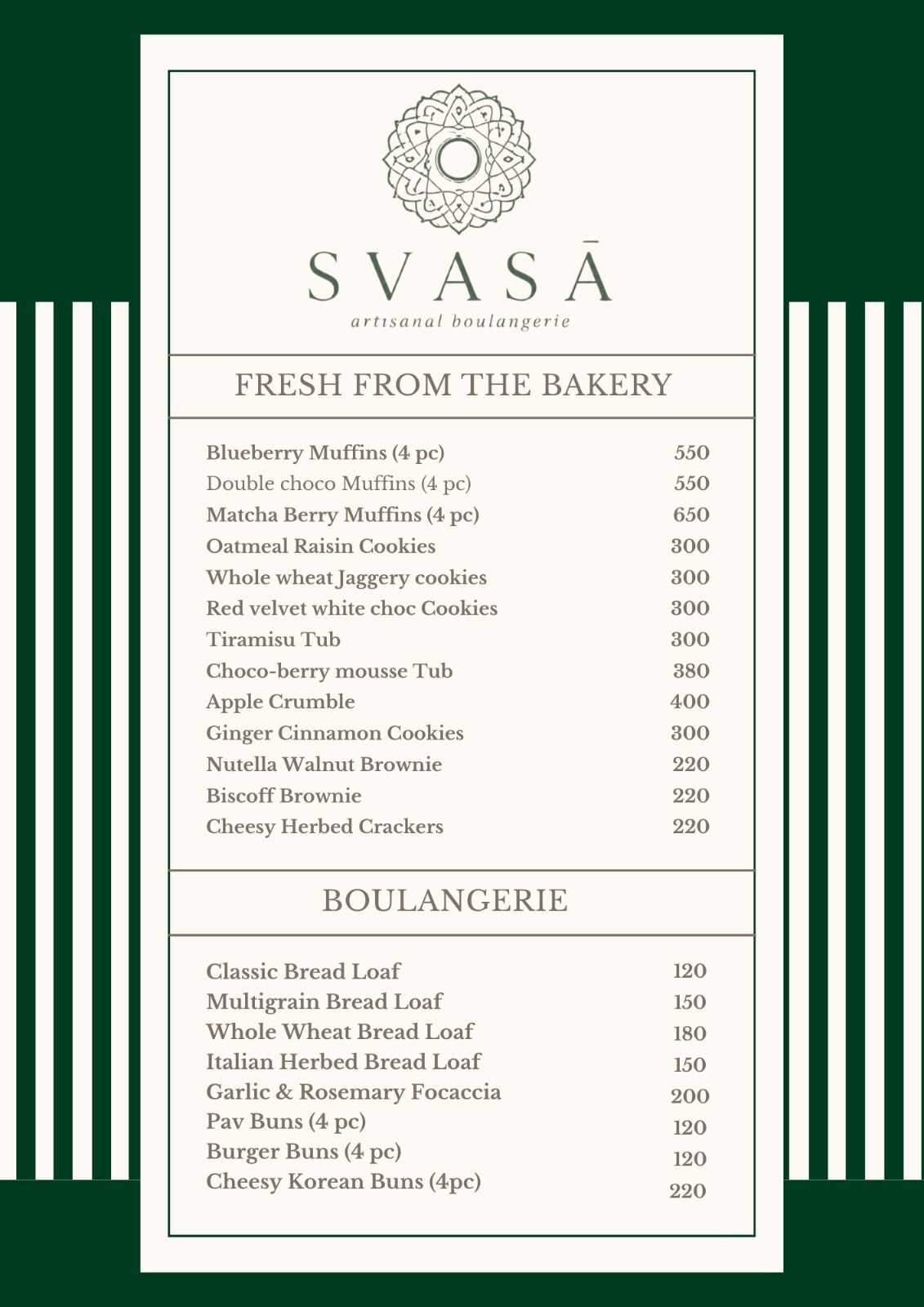 Svasā Co printed menu card showing all items and prices